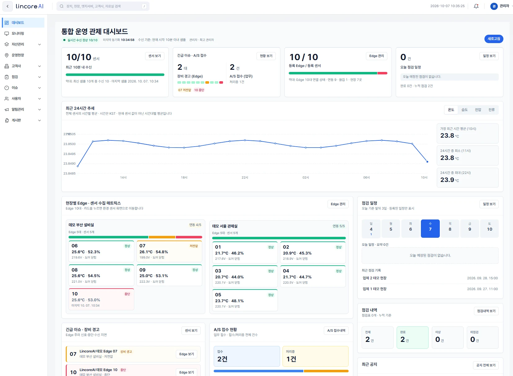 LincoreAI 관리자 웹 통합 운영 관제 대시보드